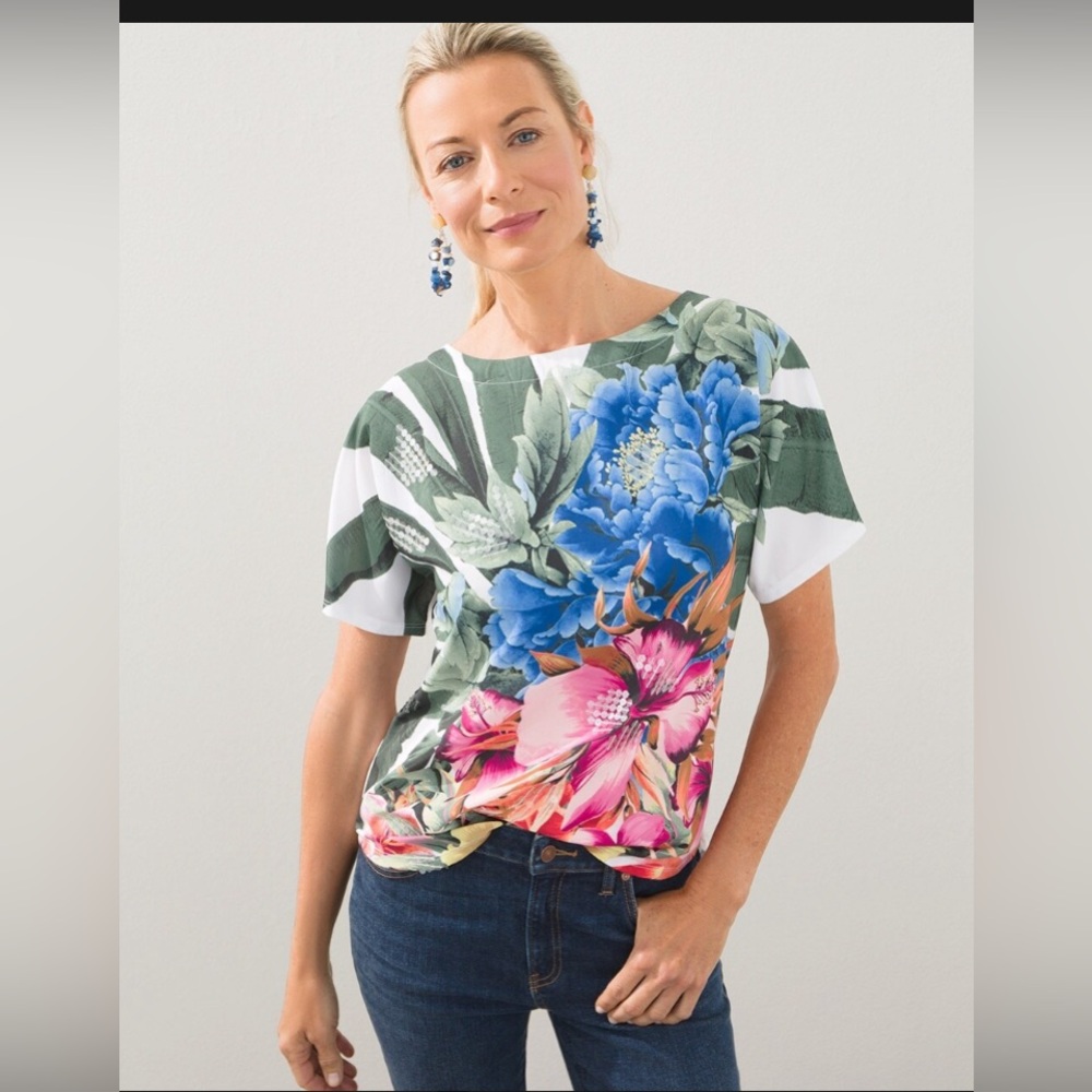 Chico's Size 1 Pima Embellished Tropical Print Tee Sequin Colorful Unique